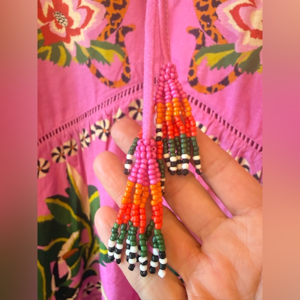 FARM Rio Pink Leopard Forest Mini Dress Beaded babydoll resort tropical Size L - Picture 5 of 9